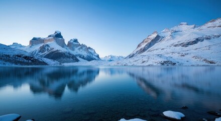 Frozen lake reflecting snowy peaks at dawn