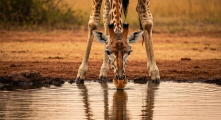 Giraffe drinking from a pool of water