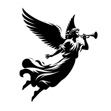 Angel blowing trumpet silhouette on transparent background