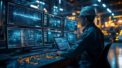 High-tech oil and gas control room with operator at work Generative AI