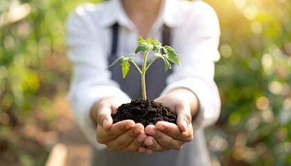 Person holding small plant with tomatoes in hands. Nurturing growth. Close-up shot of hands holding...