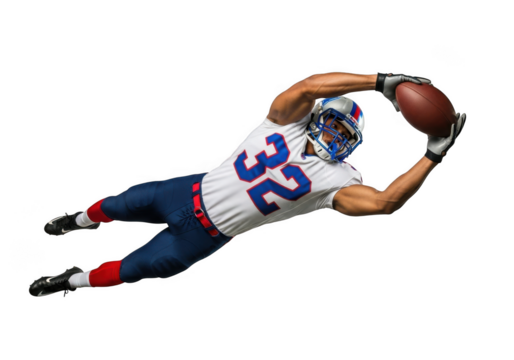 Football player diving to catch ball isolated on transparent background