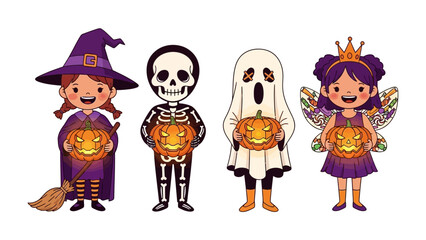 Halloween Costume Delights: A charming cartoon collection of kids in Halloween costumes holding glowing jack-o'-lanterns, full of joy and spooky delight, ready for trick-or-treating.
