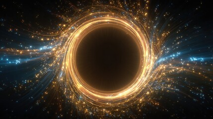 A central black orb surrounded by glowing orange and blue energy, swirling outwards in an animated space