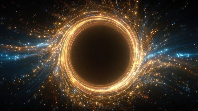 A central black orb surrounded by glowing orange and blue energy, swirling outwards in an animated space