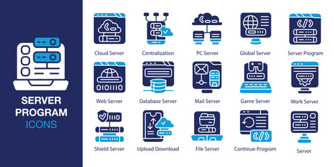 Server Program icon set. Containing system, cloud, computer, network, information and more. Solid vector icons collection. Vector illustration.