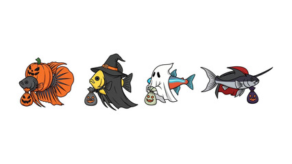 Spooky aquatic Friends: An assortment of whimsically illustrated fish decked out in festive Halloween costumes, offering a charming blend of aquatic life and seasonal celebration.