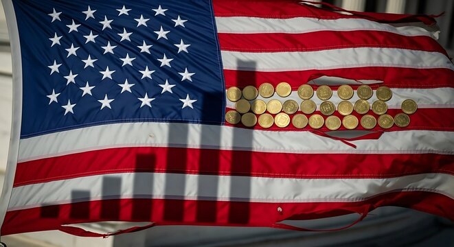 American Flag with Gold Coins and Bar Graph Shadow.