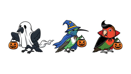 Halloween Birds: Charming illustrations capture the spirit of Halloween. Each bird dons a unique costume and carries a Jack-o'-lantern, evoking a sense of playful fun. 