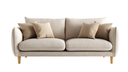 Cream-colored couch with light beige cushions, simple lines, and light wooden legs