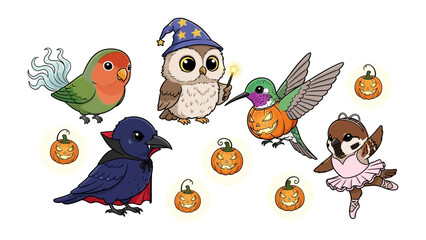 Whimsical Halloween Collection: A captivating collection of Halloween-themed bird illustrations, showcasing the enchantment of Halloween through adorable and vibrant art. 