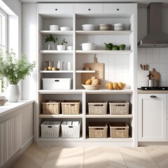 White kitchen shelving unit with organized storage and natural light