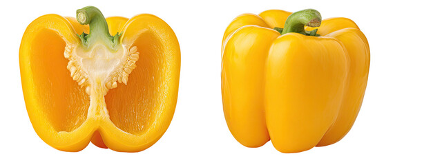 Two halves of a vibrant yellow bell pepper, one whole