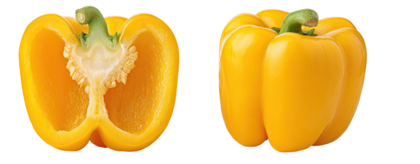 Two halves of a vibrant yellow bell pepper, one whole