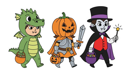 Halloween Costumes: A trio of kids dressed in charming costumes walk towards adventure: A green dragon, a jack-o'-lantern knight, and a vampire with a magic wand.