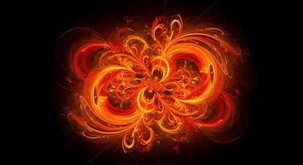 Vibrant Fiery Fractal Swirl Pattern. Dynamic Abstract Orange and Red Energy Design. Glowing Digital Art Background.