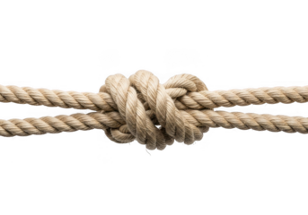 Rope knot isolated on transparent background, nautical cord with jute twine, rustic decoration and marine style, tied fiber and strong bond