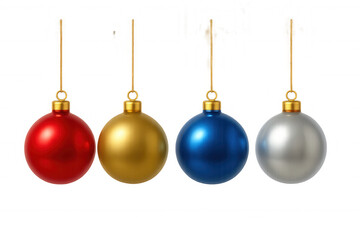Obraz premium Christmas baubles hanging in festive colors: red, gold, blue, silver, adding holiday decoration for celebrating xmas
