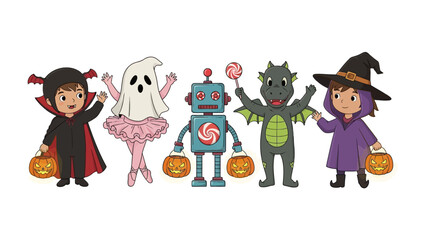 Halloween Costume Parade: A whimsical parade of children dressed in charming Halloween costumes, including a vampire, ghost, robot, dragon, and witch, eagerly displaying their trick-or-treat pumpkins.