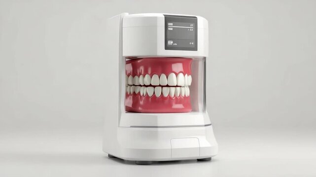 Dental model with upper and lower teeth inside a white compact dental 3D printer.