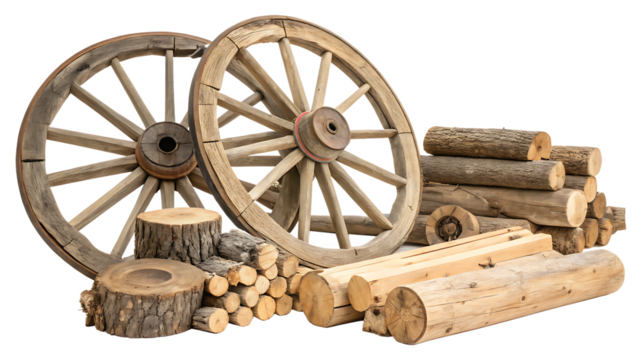 Timeless beauty of rustic wooden cart wheels and logs cut out on PNG. AI GENERATED.
