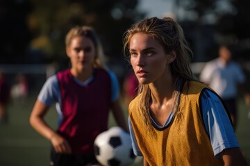 Focused young female soccer player in yellow training bib running on outdoor field with ball in motion, competing with teammate during practice session