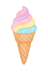 Delicious pastel ice cream cone with three colorful flavors, perfect for summer enjoyment and desserts.