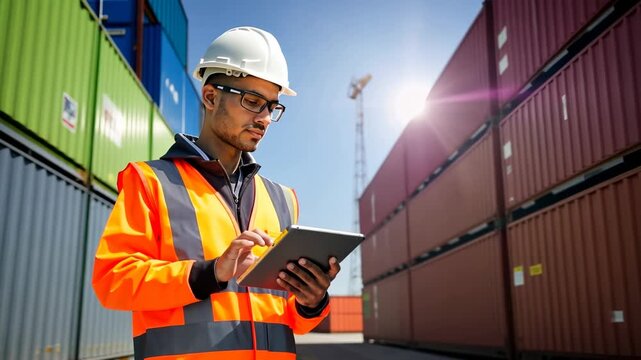 Low-angle video of a worker in a hard hat and safety vest using a tablet in a shipping yard, with stacked containers in the background.
