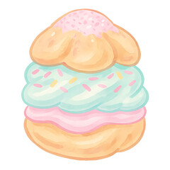 A delightful dessert featuring layers of creamy pastel frosting and sprinkles, perfect for celebrations.