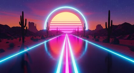 Neon horizon drive with desert landscape and sun futuristic vibe