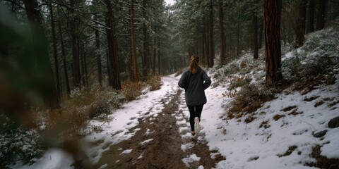 Fototapeta premium Woman jogging alone on misty forest trail with snow on ground, wearing warm hoodie and leggings, showing endurance and resilience during winter outdoor workout