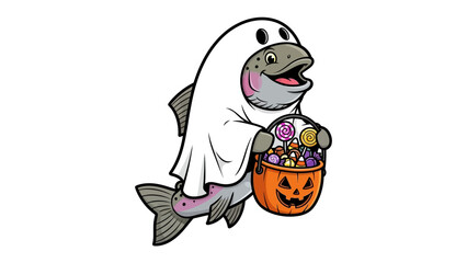Fish in Halloween Costume: A whimsical illustration depicts a smiling fish, cleverly dressed in a ghost costume, ready for a night of trick-or-treating.
