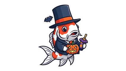 Koi Fish in Halloween Costume: a captivating depiction of a whimsical koi fish dressed up in a classic Halloween costume. The adorable fish, donning a dapper suit, top hat.