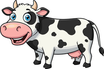 Cartoon cow smiling, cute farm animal, dairy mascot character, children book illustration, playful livestock pose, cad drawing flat vector illustration