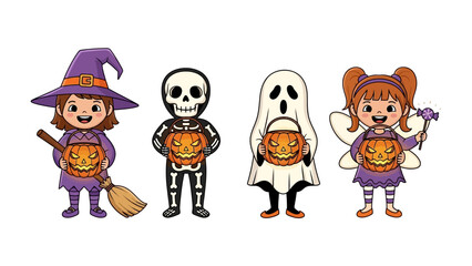 Halloween Party: A colorful ensemble of children, each in unique Halloween costumes, proudly holding their carved pumpkins, all poised for a night of playful trick-or-treating. 