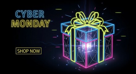 Bright neon gift box and 'Cyber Monday' text, glowing with festive energy for online shopping.