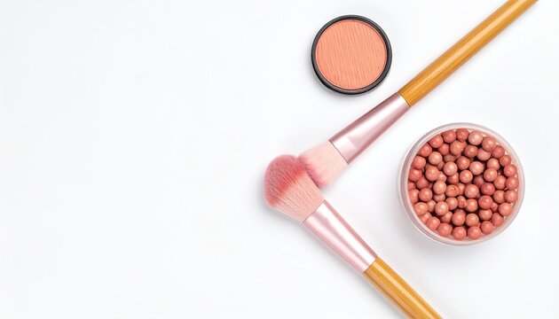 Blush, brushes, and balls on white. Delicate beauty setup