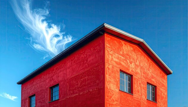 Vibrant Red Building Against Clear Blue Sky with Wispy Cloud Accents Architectural Simplicity and Striking Color Contrast in Urban Landscape