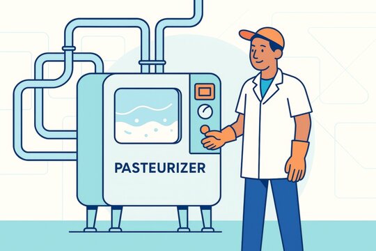 Technician operating pasteurizer machine in food industry facility with light background and creative style illustration concept image. Ai generative