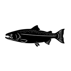 Silhouette vector of a salmon fish in black, isolated on white background. Perfect for seafood logo, fishing design, restaurant icon, nature, marine, or aquatic illustration