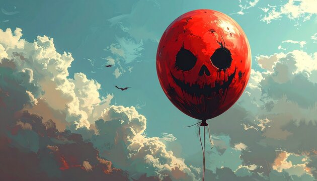 Haunted Halloween Red Balloon with Jack-o'-Lantern Face Floating in a Cloudy Sky