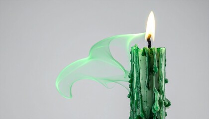 Mystical green candle with a glowing flame, releasing an ethereal wisp of colored smoke against a clean white background
