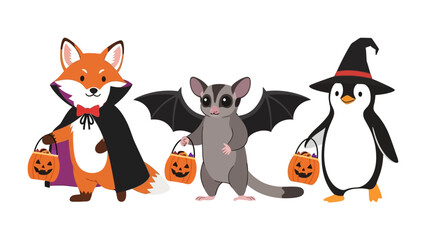 Halloween Animals Gathering Sweets: A cheerful illustration of a fox, bat and penguin dressed in costumes, carrying treat buckets, symbolizing the fun spirit of the holiday.