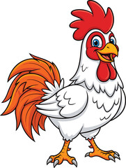 Cartoon rooster standing, cute farm animal, smiling bird character, children book mascot, playful poultry pose, cad drawing flat vector illustration