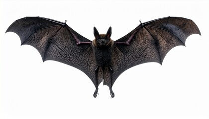 Detailed image of a bat with outstretched wings, captured against a clean, white background
