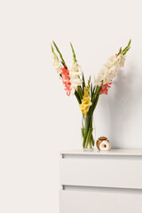 Vase with beautiful gladiolus flowers on chest of drawers in living room, closeup