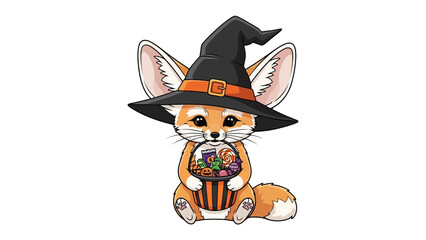 Halloween Fennec Fox: An adorable fennec fox, dressed in a classic witch hat, clutches a brimming basket of Halloween treats. Perfectly captures the whimsical spirit of the holiday season.