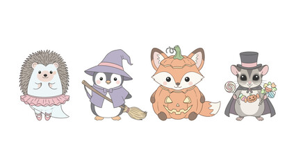 Adorable Halloween Friends: A charming illustration presents a delightful ensemble of dressed-up woodland creatures ready for Halloween.