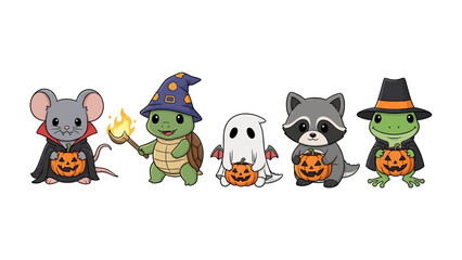 Halloween Animal Parade: A charming illustration featuring a procession of adorable animals dressed in festive Halloween costumes, including a mouse, turtle, ghost, raccoon, and frog.