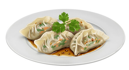 Plate of Chinese Dumplings with Sauce and Cilantro Garnish